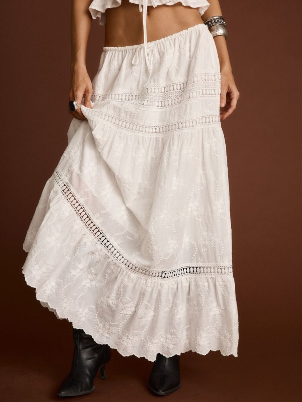 12th Tribe Nomad White Embroidered Maxi Skirt Size L